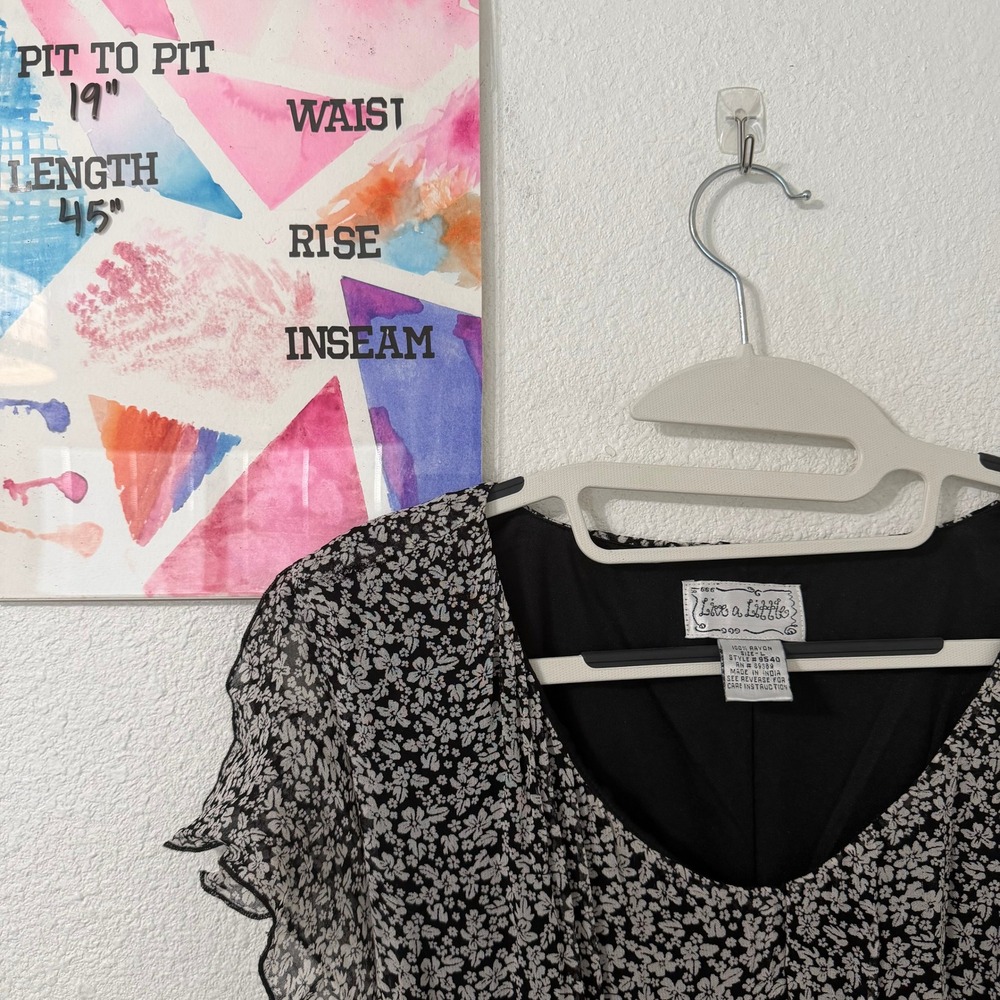 Live a Little VTG 90s Black Floral Rayon Midi Dress L Flutter Sleeve Romantic - Picture 7 of 7